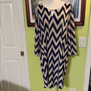 Tacera Chevron Patterned Navy and Cream Dress